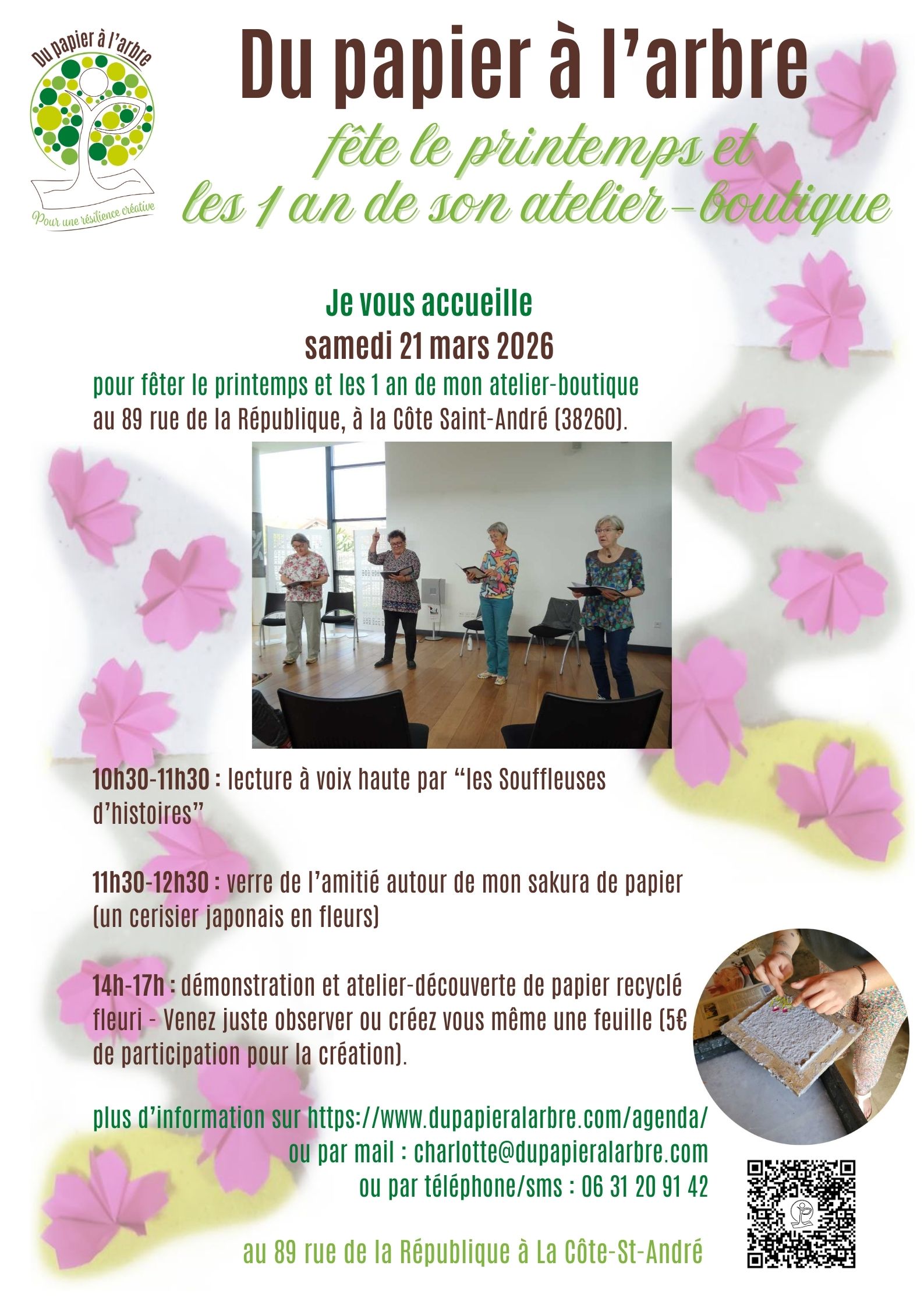 programme de la fête du printemps chez Du papier à l'arbre, pour les 1 an de l'atelier-boutique de Charlotte Barbut
