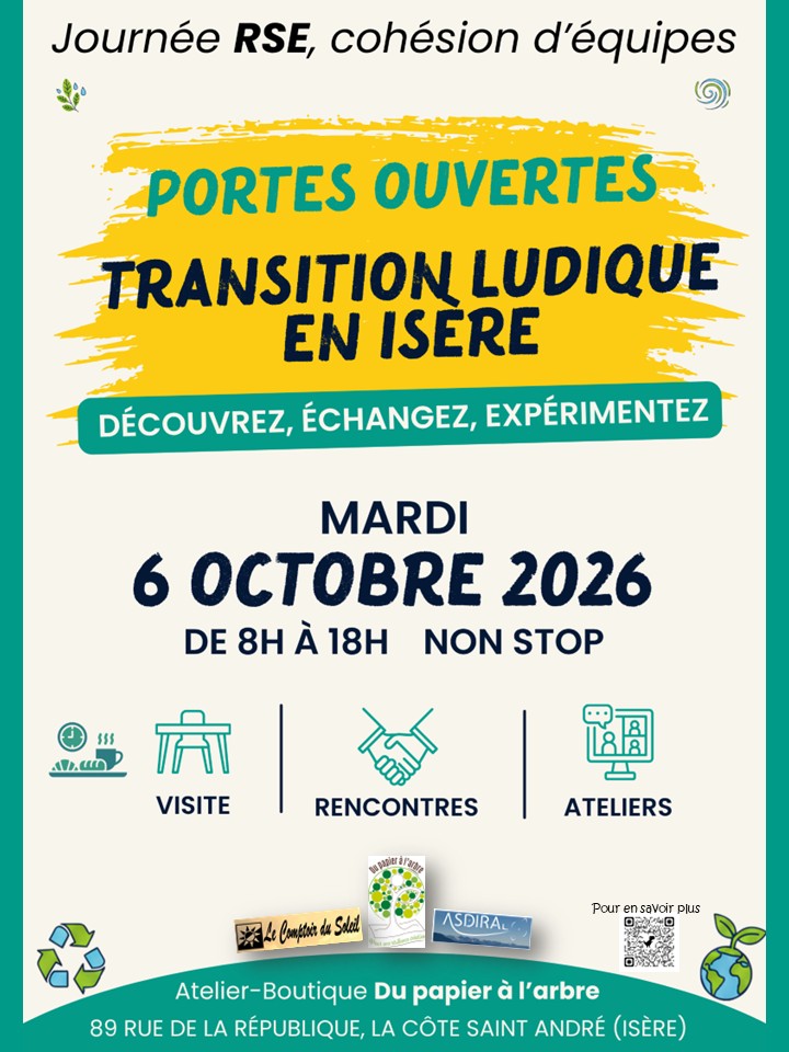 affiche des portes ouvertes du collectif Transition Ludique en Isère dans l'atelier-boutique Du papier à l'arbre à la Côte-Saint-André